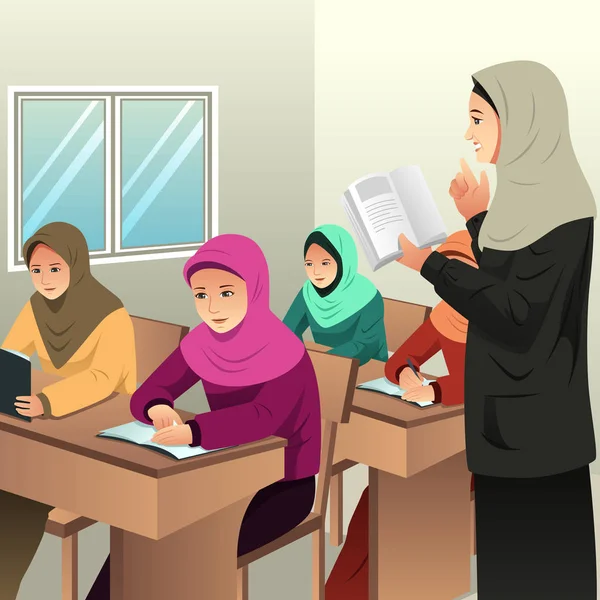 Студенты-мусульмане в классе вместе со своим учителем — стоковый вектор