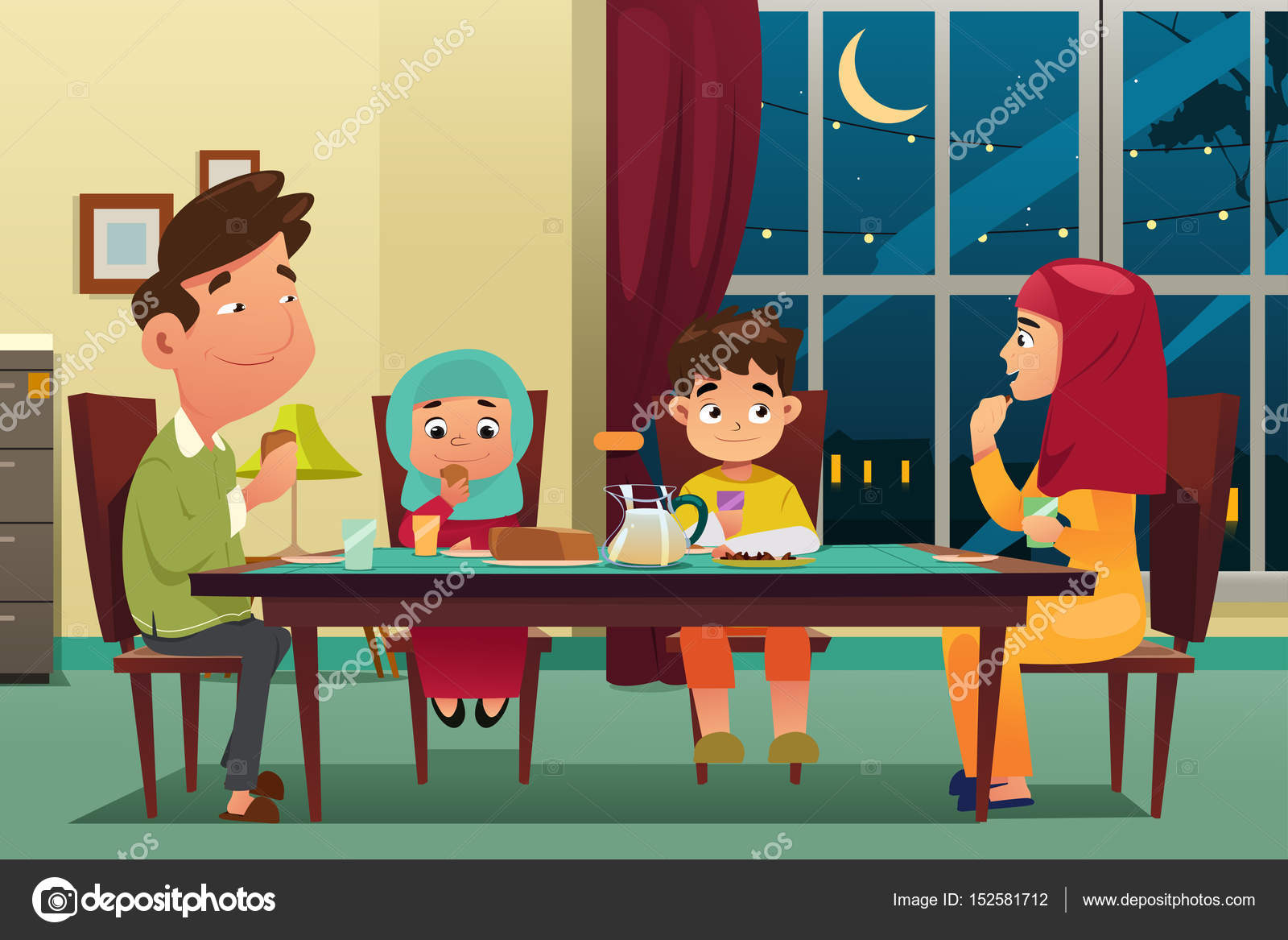 Muslim Family Eating Dinner at Home — Stock Vector © artisticco #152581712