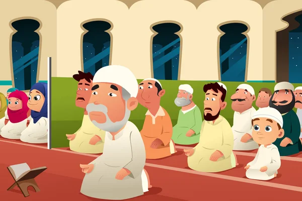 在清真寺祈祷的穆斯林 — 图库矢量图片