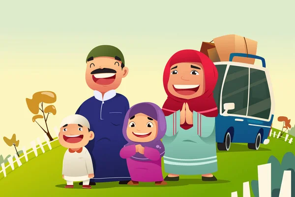 Família Muçulmana vai para casa celebrar Eid Al Fitri — Vetor de Stock