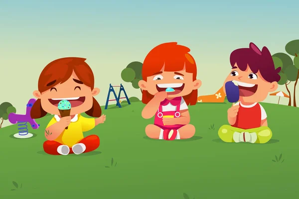 Barnen äta glass i en park — Stock vektor