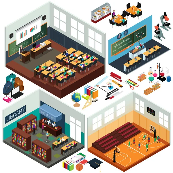 Isometrische Gestaltung von Schulgebäuden und Klassenzimmern — Stockvektor