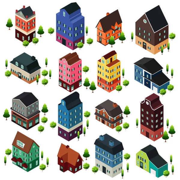 Diferentes edificios de casas isométricas — Vector de stock