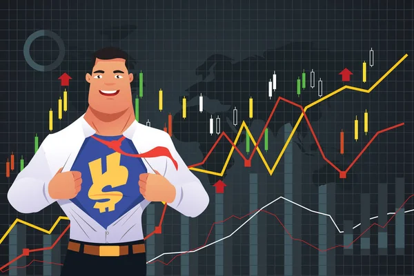Супергерой-бизнесмен в финансовой концепции — стоковый вектор