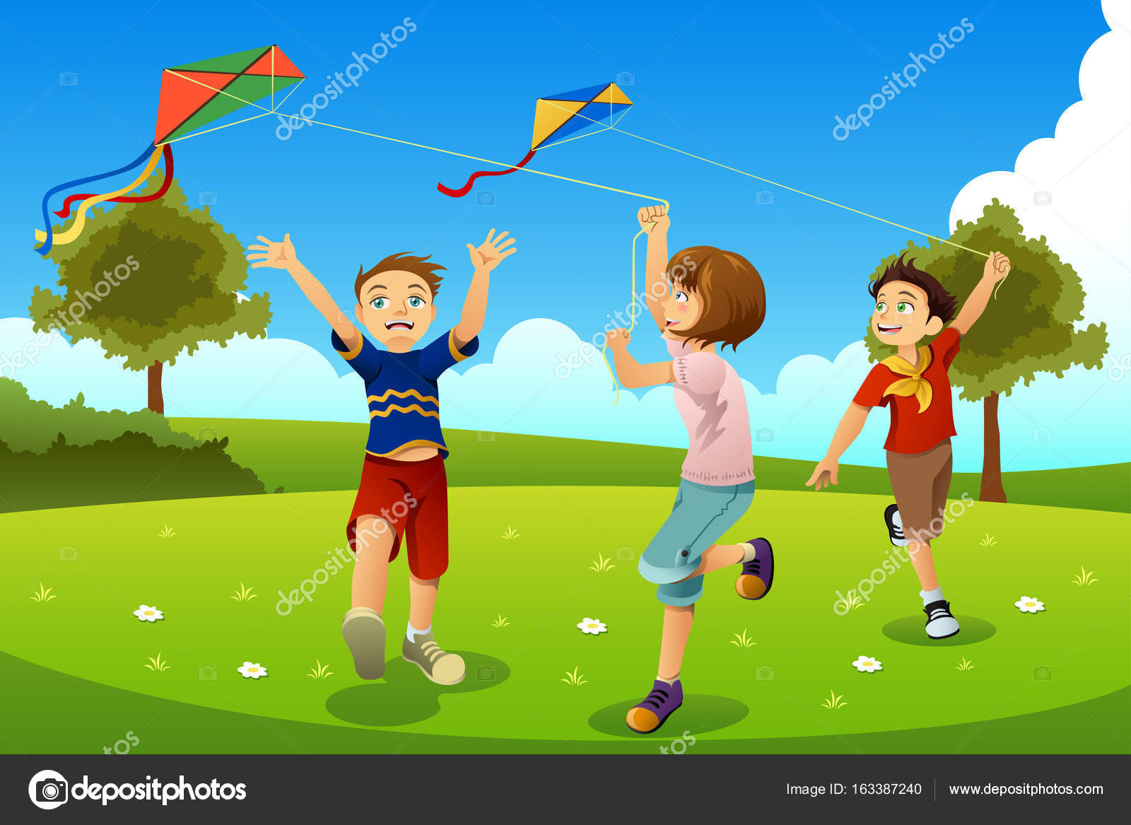 Niños Flying Kites in a Park vector, gráfico vectorial © artisticco