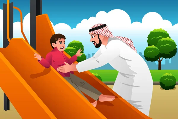 Muslimský arabský muž se svým dítětem na dětském hřišti — Stockový vektor