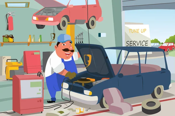 ガレージで、車を修理する自動車整備士 — ストックベクタ