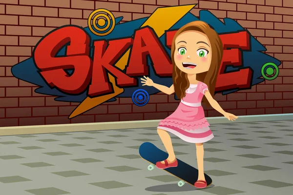 Kleines Mädchen trägt Kleid Skateboarding — Stockvektor
