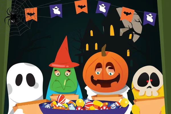 Barnen bär Halloween kostymer gör Trick or Treat — Stock vektor