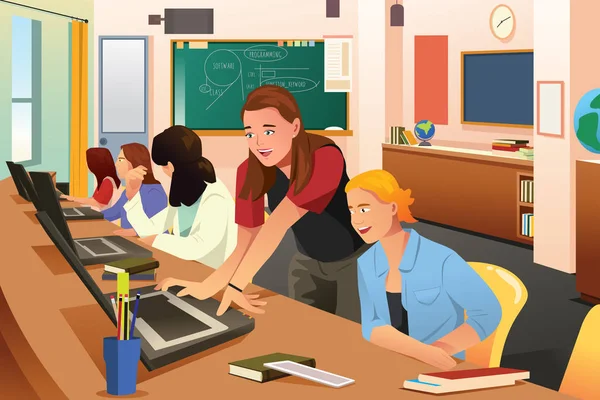 Vrouwelijke leraar in de Computer klasse met studenten — Stockvector