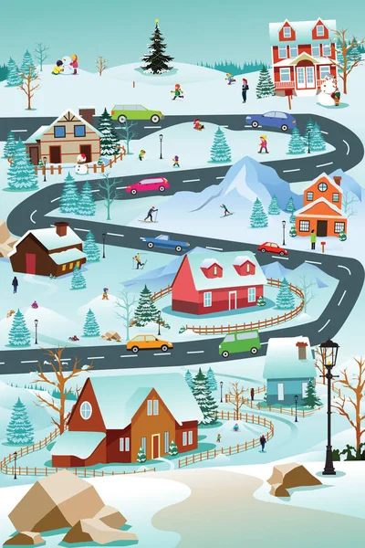 Village d'hiver avec des voitures de personnes et des bâtiments Illustration — Image vectorielle