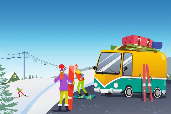 夫妇在一个冬季度假胜地滑雪 — 图库矢量图片