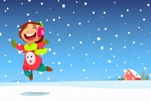 Menina feliz pulando na neve —  Vetores de Stock