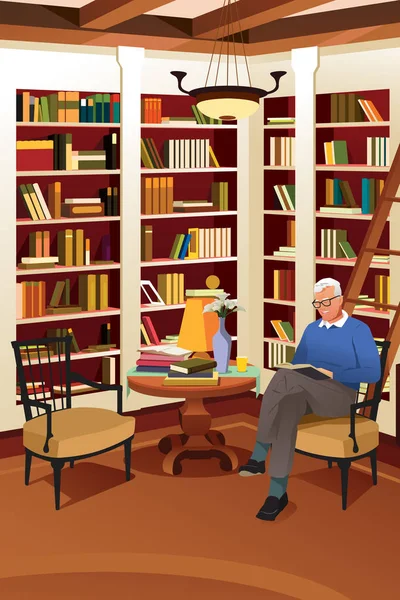 Hombre mayor leyendo un libro en la biblioteca — Vector de stock