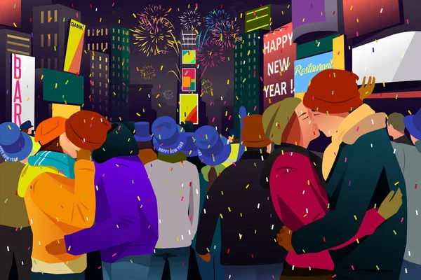 Paren zoenen tijdens Nieuwjaar viering illustratie — Stockvector