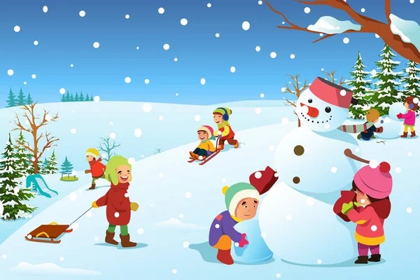 Crianças brincando fora durante a ilustração de inverno —  Vetores de Stock