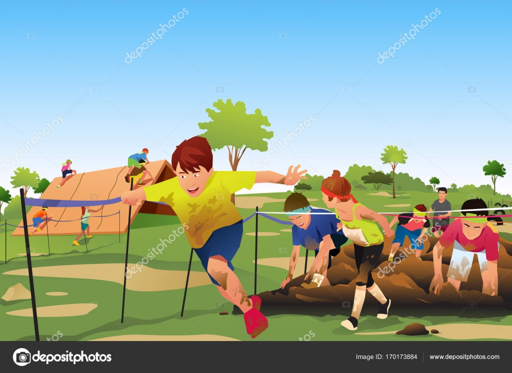 Kids Competing in a Obstacle Running Course Competition — Stock Vector