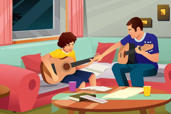 Padre tocando la guitarra con su hijo ilustración — Vector de stock