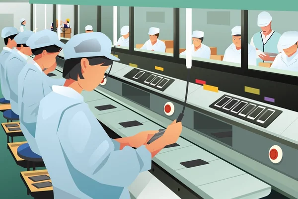 Trabajadores que trabajan en la ilustración de fábrica de montaje de teléfono — Vector de stock