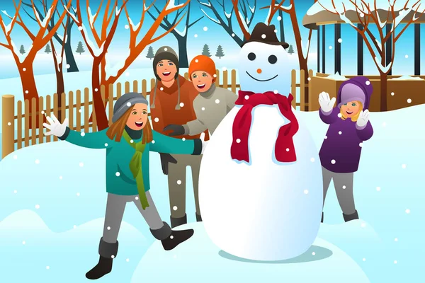 Niños y adolescentes Amigos Construyendo un muñeco de nieve — Vector de stock