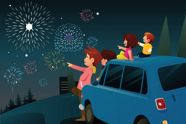 Família assistindo fogos de artifício para a celebração de Ano Novo — Vetor de Stock