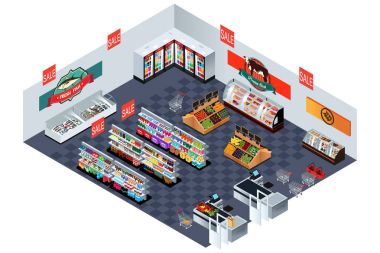 Süpermarket bakkal izometrik çizimde