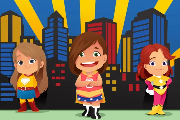 Three Little Girls Wearing Superheroes Illustration — Stock Vector