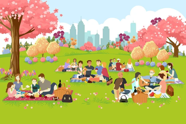 Gente haciendo picnic en el parque durante la primavera — Vector de stock