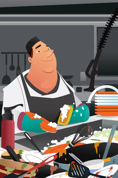 Πλυντήριο πιάτων που εργάζεται σε μια εμπορική κουζίνα απεικόνιση — Διανυσματικό Αρχείο