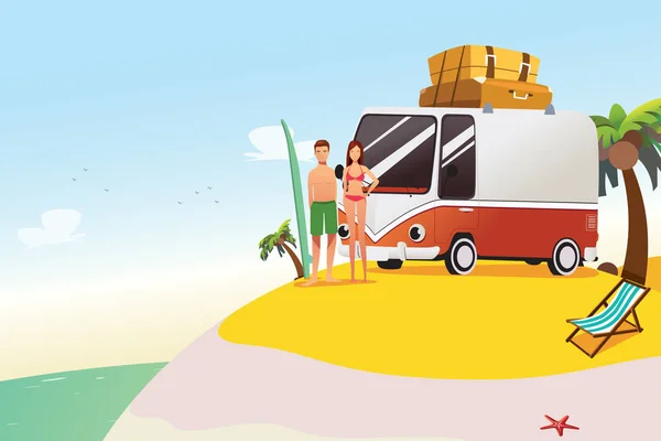 Pareja que va a surfear Ilustración de vacaciones de verano — Vector de stock