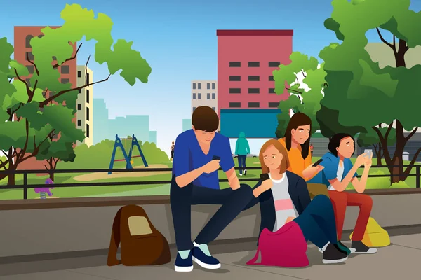 Adolescentes usando sus teléfonos Ilustración al aire libre — Vector de stock