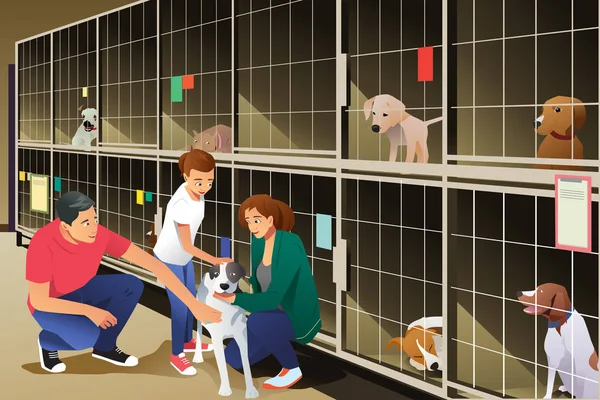 Familia Adoptando un Perro del Refugio Animal — Vector de stock
