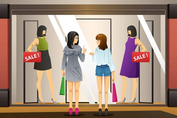 Mulheres Janela Compras na frente de uma loja de roupas — Vetor de Stock