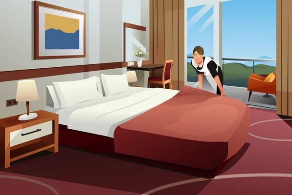 Pulizia signora making il letto in un hotel illustrazione — Vettoriale Stock