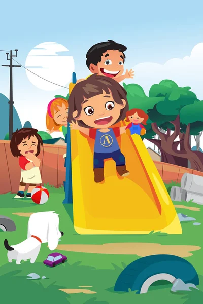 Enfants jouant dans l'illustration de l'aire de jeux — Image vectorielle