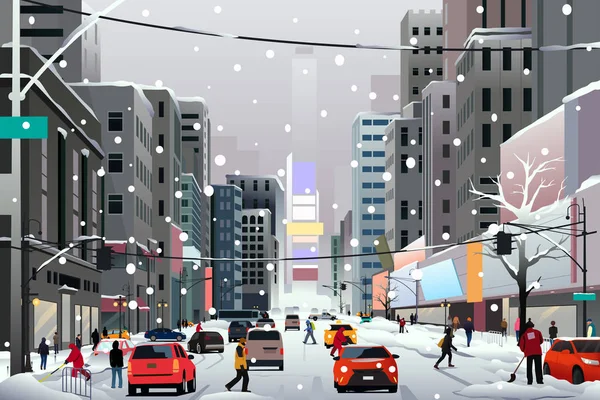 People Walking in the City During Winter Storm — Stock Vector