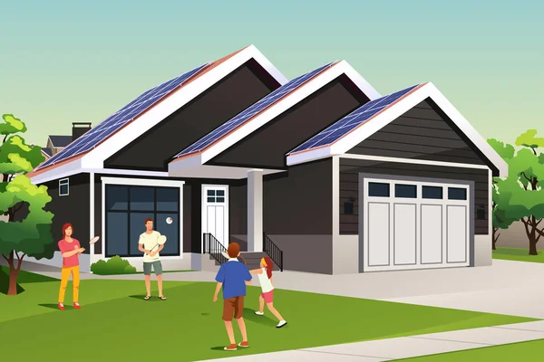 Família brincando fora de sua casa com telhado solar —  Vetores de Stock