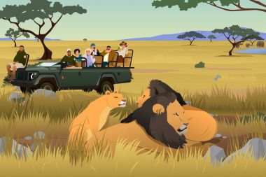 Afrika Safari gezisi illüstrasyon üzerinde turist 