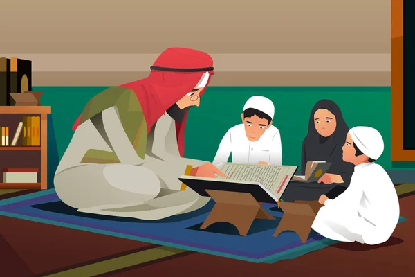 伊玛目与学生一起阅读《古兰经》插图 — 图库矢量图片