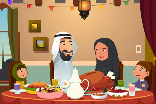Muslim Family Eating Dinner at Home — Stock Vector