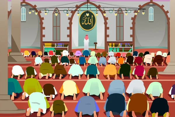 穆斯林祈祷在清真寺插图 — 图库矢量图片