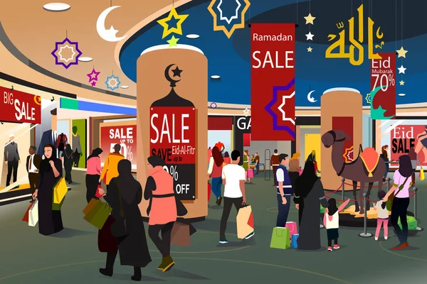 Muslim People Shopping During Ramadan Eid-Al-Fitr Sale Illustrat — Stock Vector