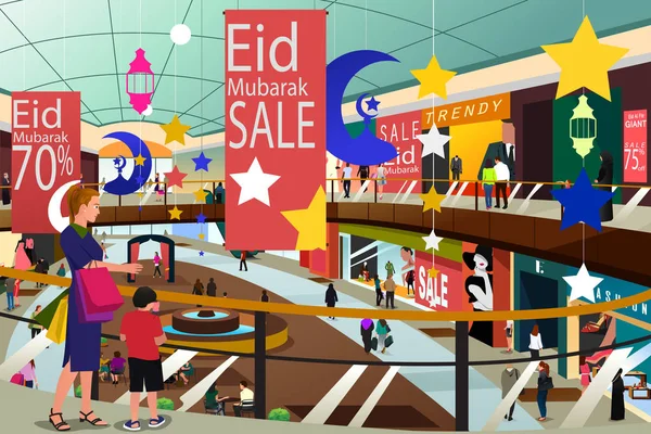 Compras de musulmanes durante Ramadán Eid-Al-Fitr Venta Illustrat — Archivo Imágenes Vectoriales