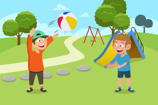 Děti hrají míč na hřišti ilustrace — Stockový vektor