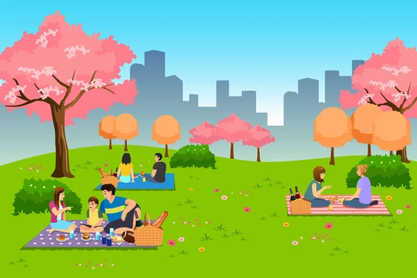Leute, die im Frühling im Park picknicken — Stockvektor