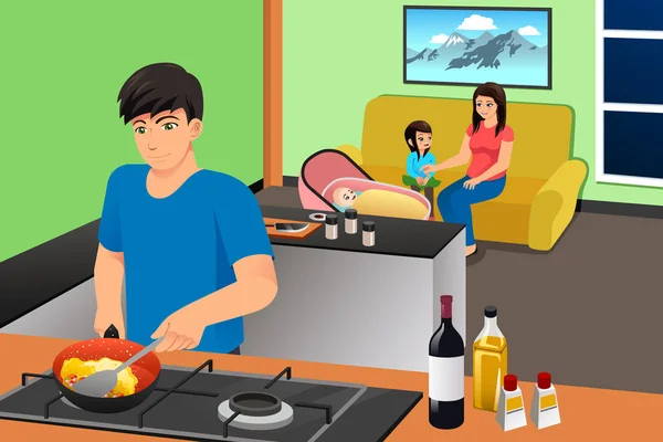 Father Cooking While Mother and Kids in the Living Room Illustra — 스톡 벡터