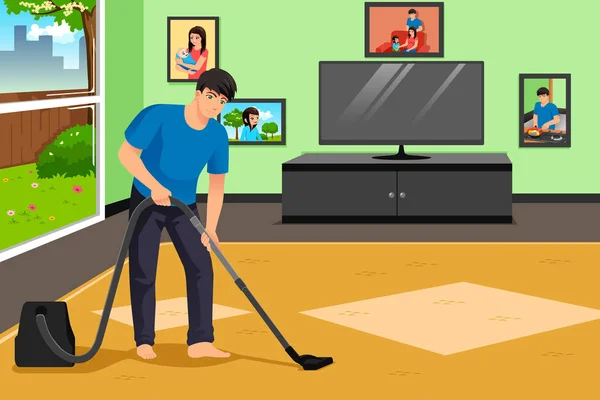 Father Vacuuming the Carpet in the Living Room Illustration — 스톡 벡터