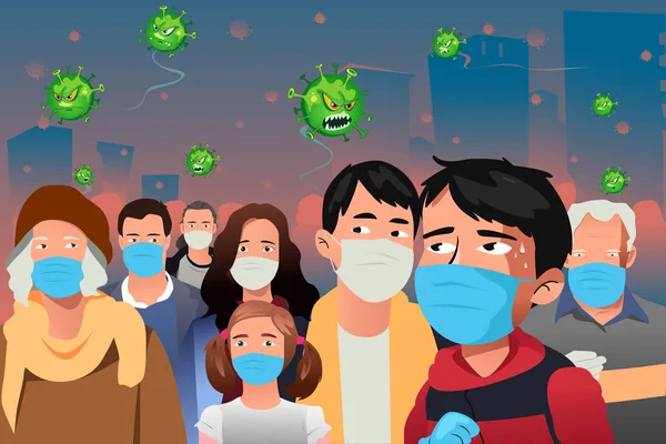 Virus Epidemic Attacking People Wearing Masks Vector Illustratio — ストックベクタ