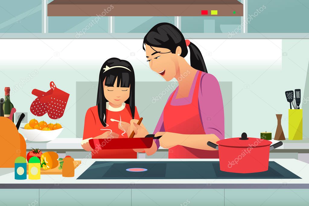 A vector illustration of Chinese Mother and Daughter Cooking in the Kitchen 