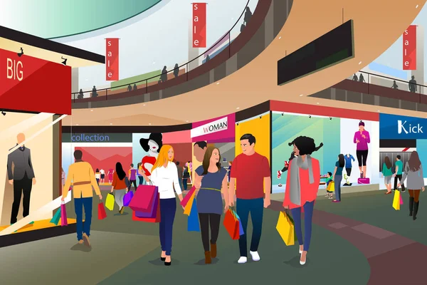 Illustration Vectorielle Personnes Faisant Shopping Dans Centre Commercial — Image vectorielle